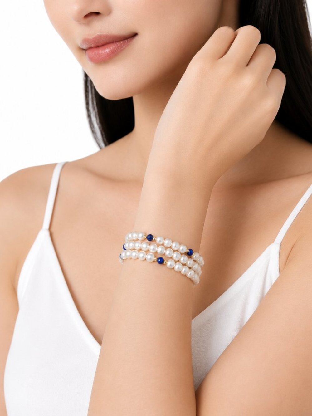 Pearl Memory Wire Wrap Bracelet Blue Gold Beads Bridal Something Blue Stackable